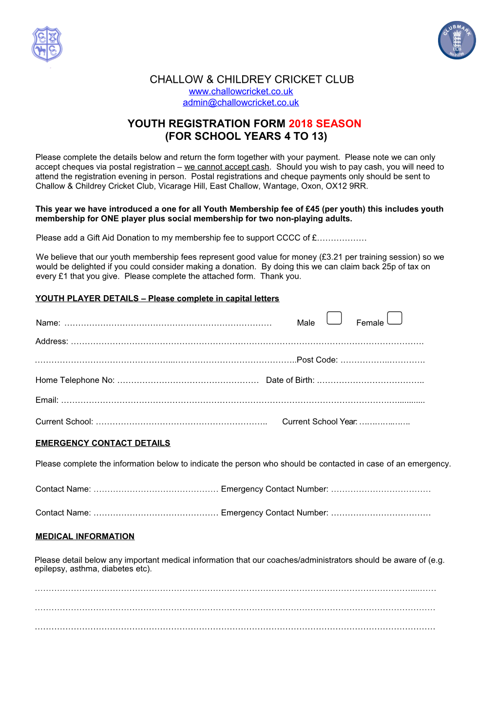 Youth Registration Form 2018Season