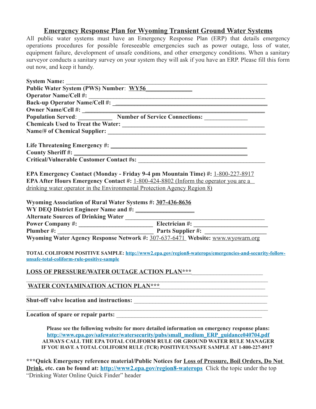 Emergency Response Plan for Wyoming Transient Ground Water Systems