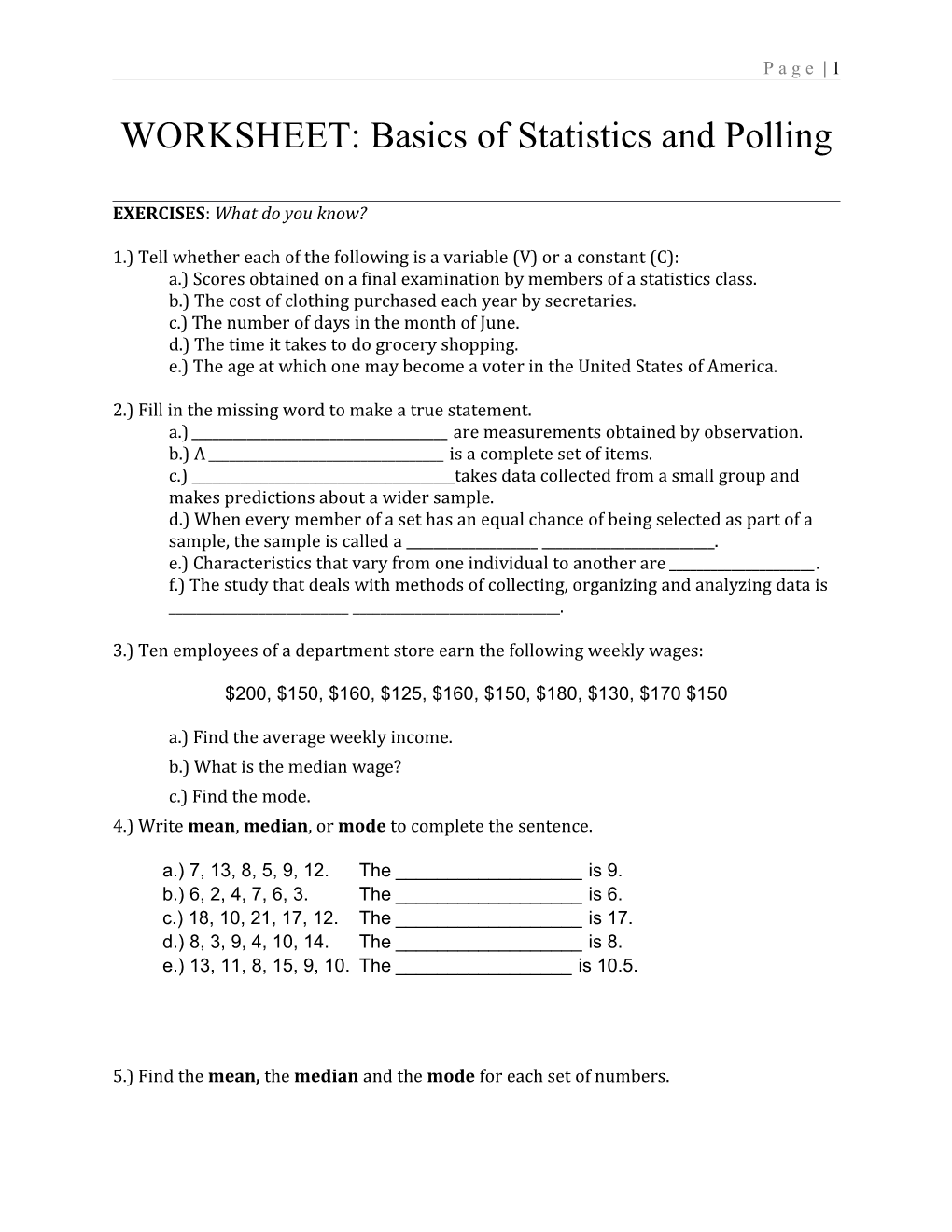 WORKSHEET: Basics of Statistics and Polling