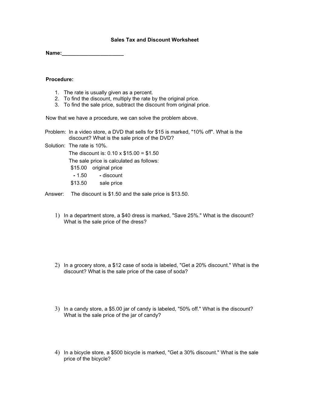 Sales Tax and Discount Worksheet