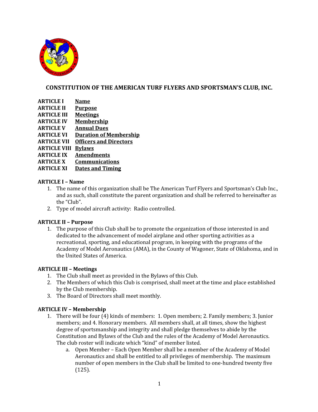 Constitution of the American Turf Flyers and Sportsman S Club, Inc