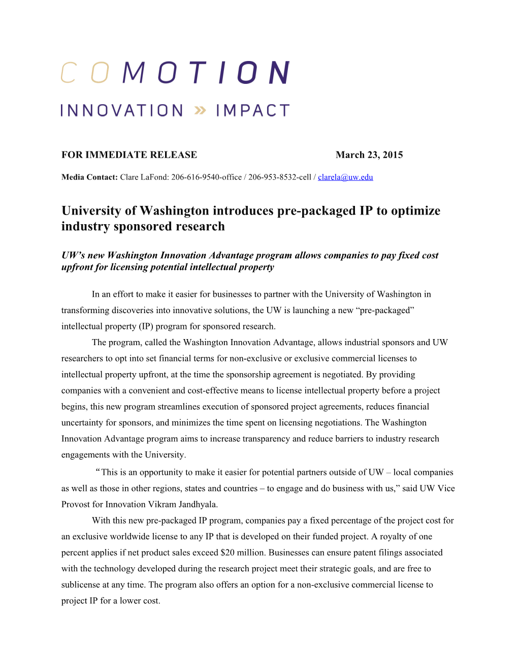 University of Washington Introduces Pre-Packaged IP to Optimize Industry Sponsored Research