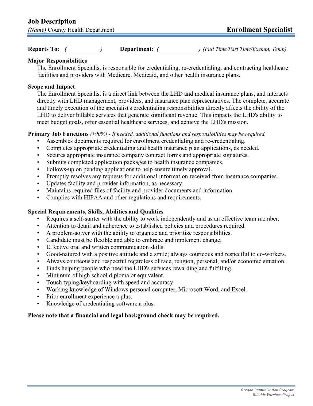 Sample Job Description for LHD Enrollment Specialist (Word)