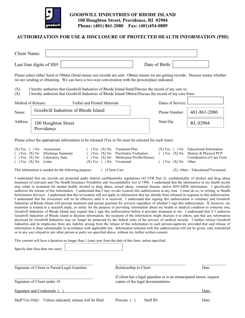 Authorization for Use & Disclosure of Protected Health Information (Phi)