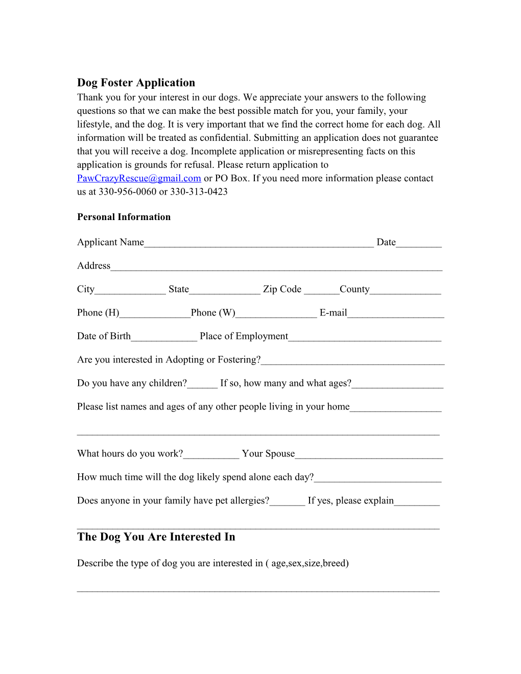 Dog Foster Application