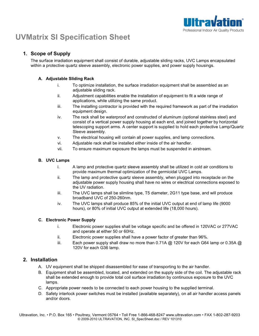 Uvmatrix AS Specification Sheet