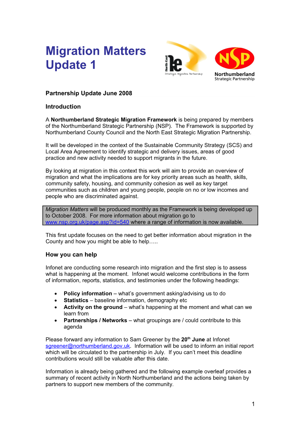 Northumberland Migration Task Group