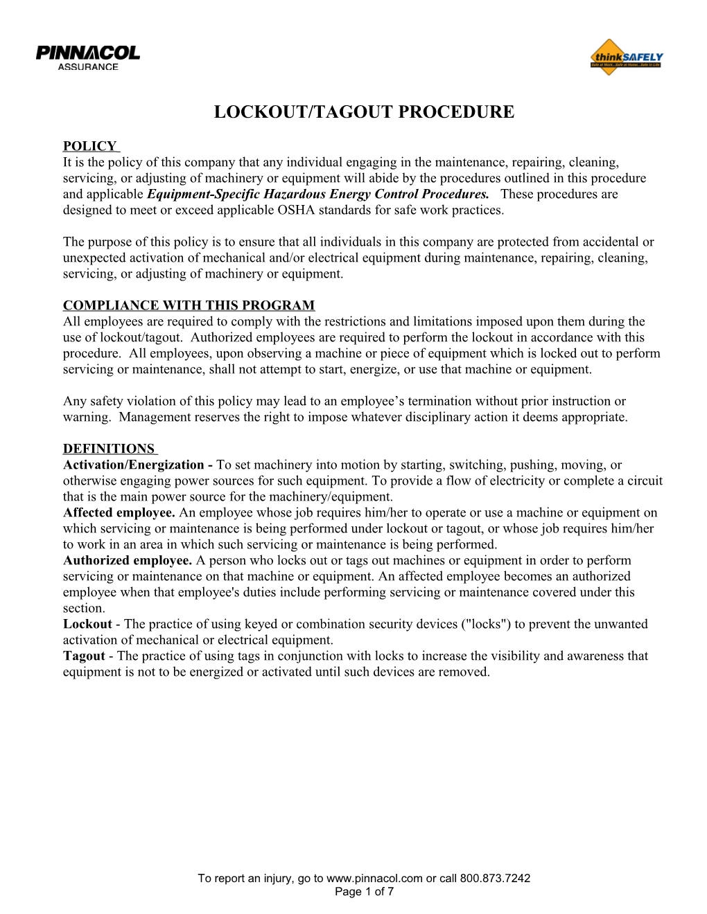 Equipment-Specific Hazardous Energy Control Procedure