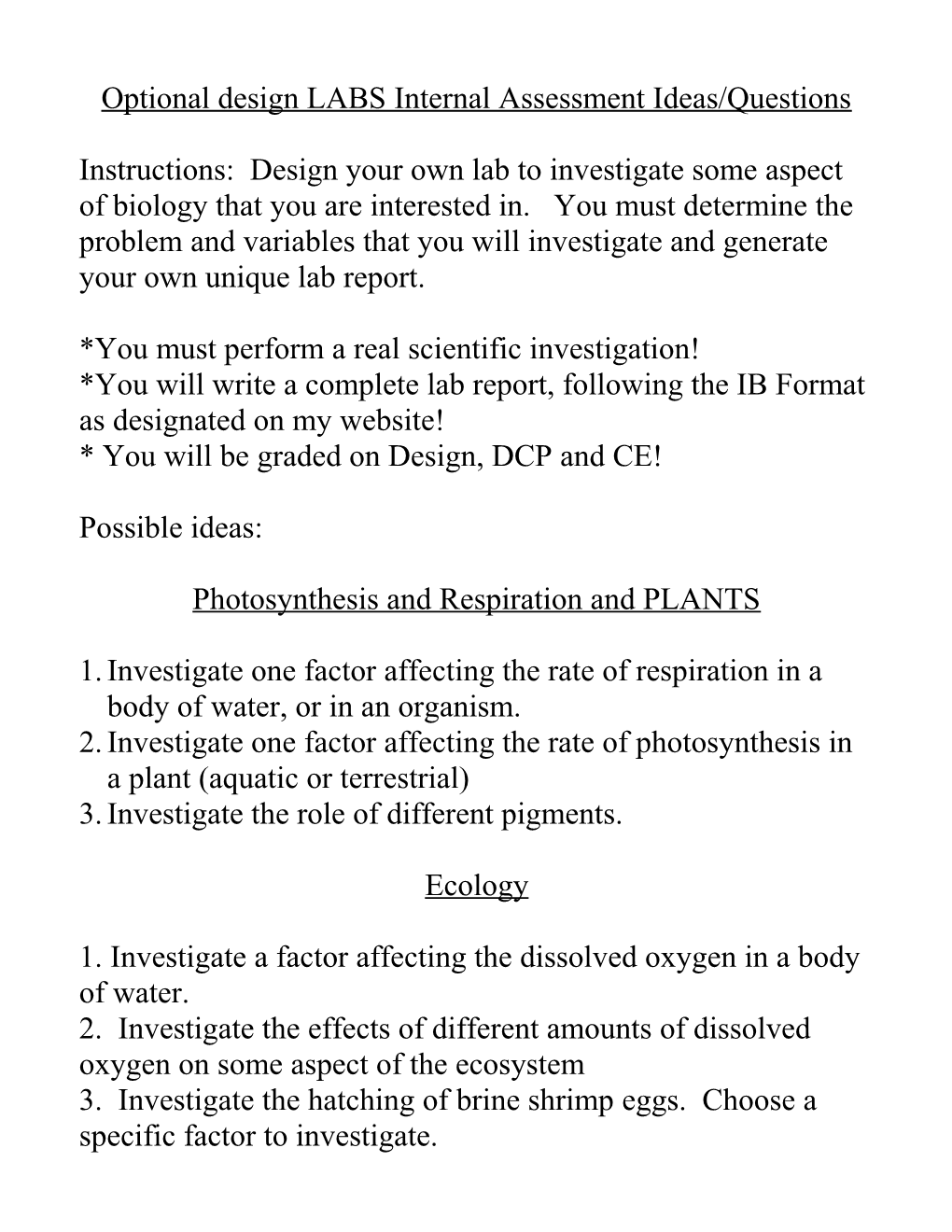 LABS Internal Assessment Ideas/Questions