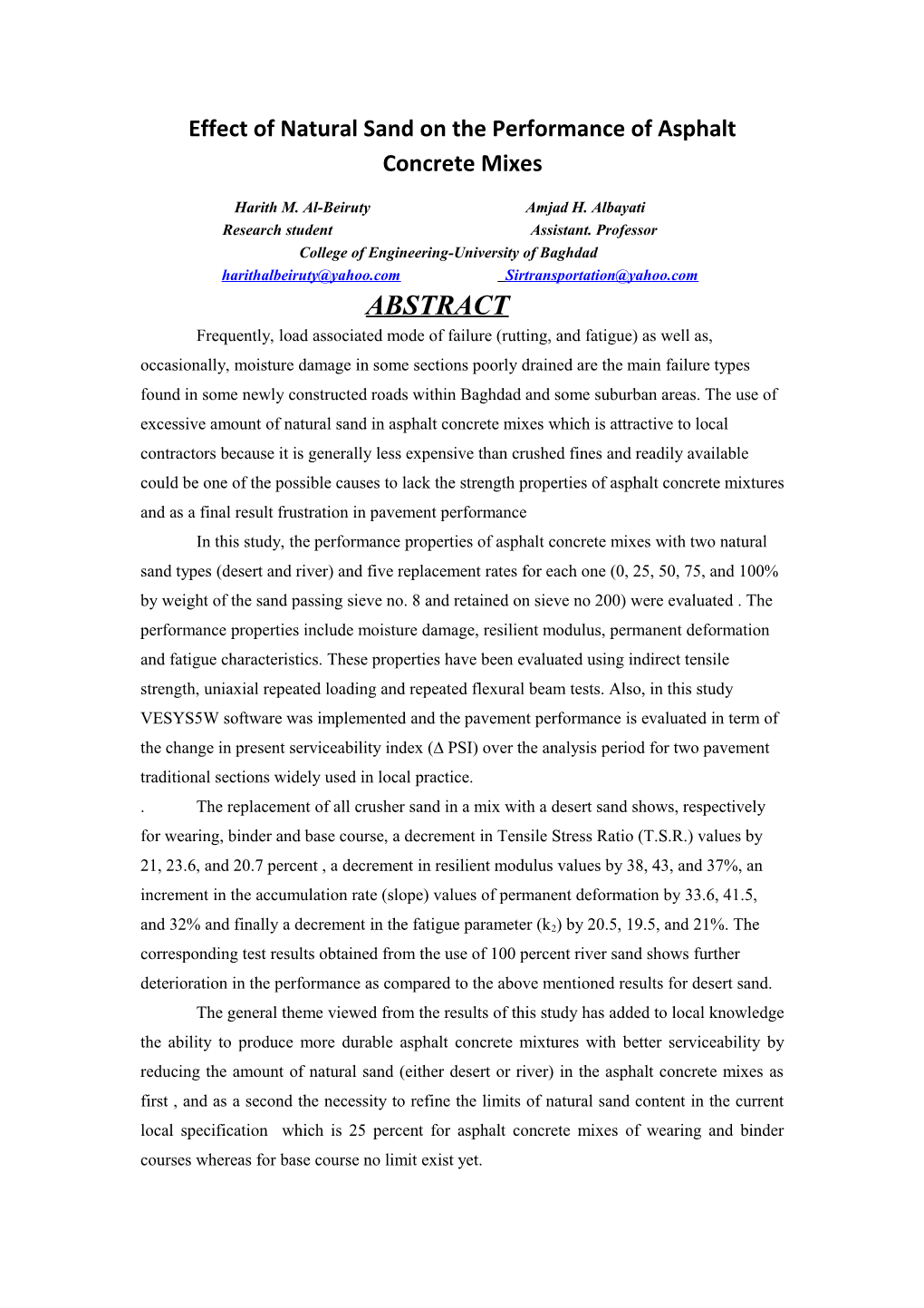 Effect of Natural Sand on the Performance of Asphalt Concrete Mixes