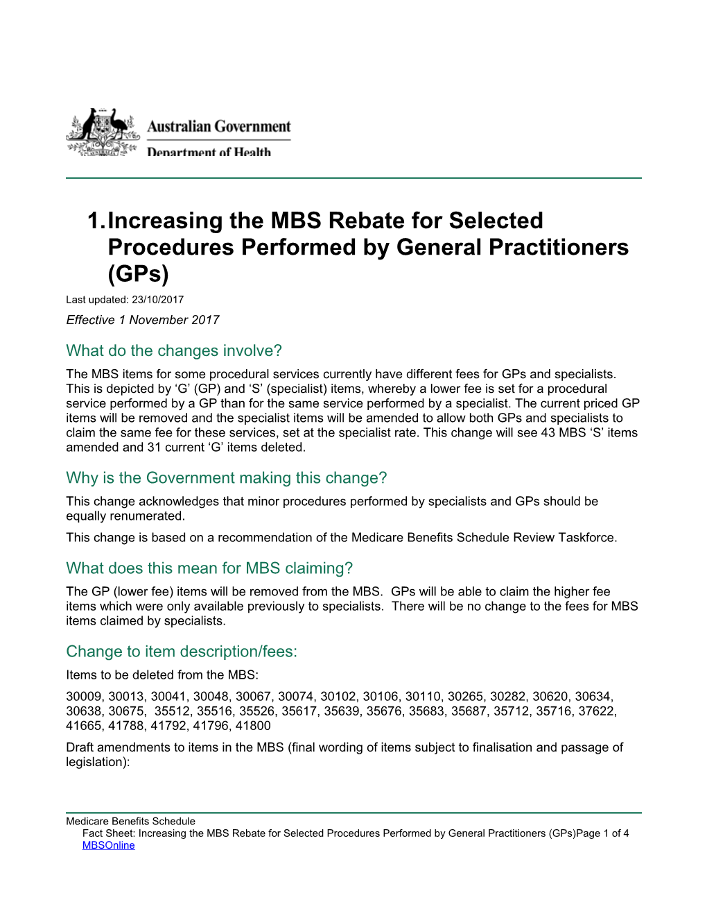 Increasing the MBS Rebate for Selected Procedures Performed by General Practitioners (Gps)