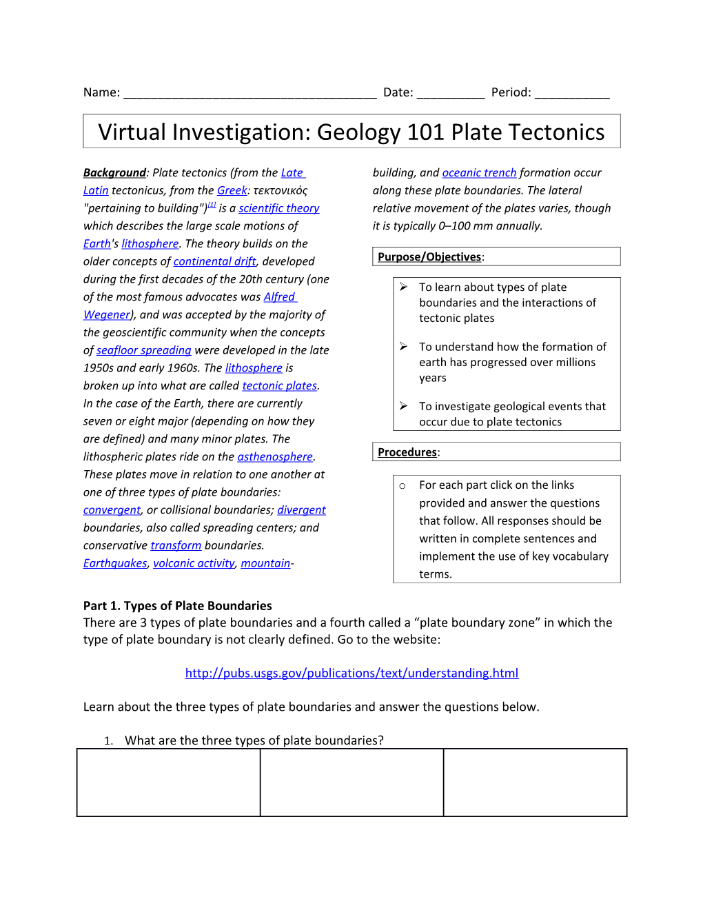 Virtual Investigation: Geology 101 Plate Tectonics