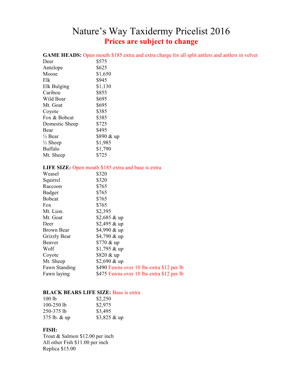 Nature S Way Taxidermy African Pricelist 2008