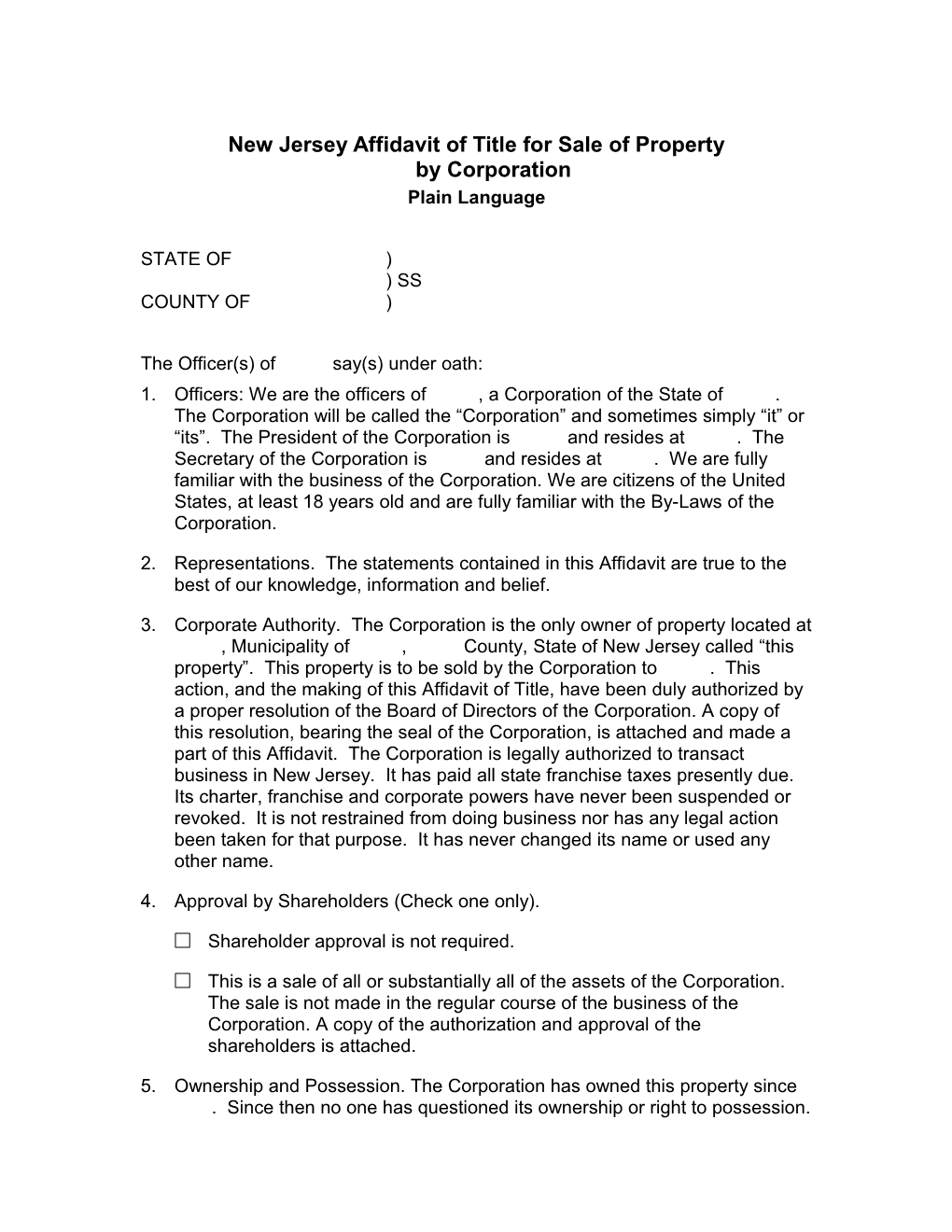 New Jersey Affidavit of Title for Sale Or Mortgage of Property