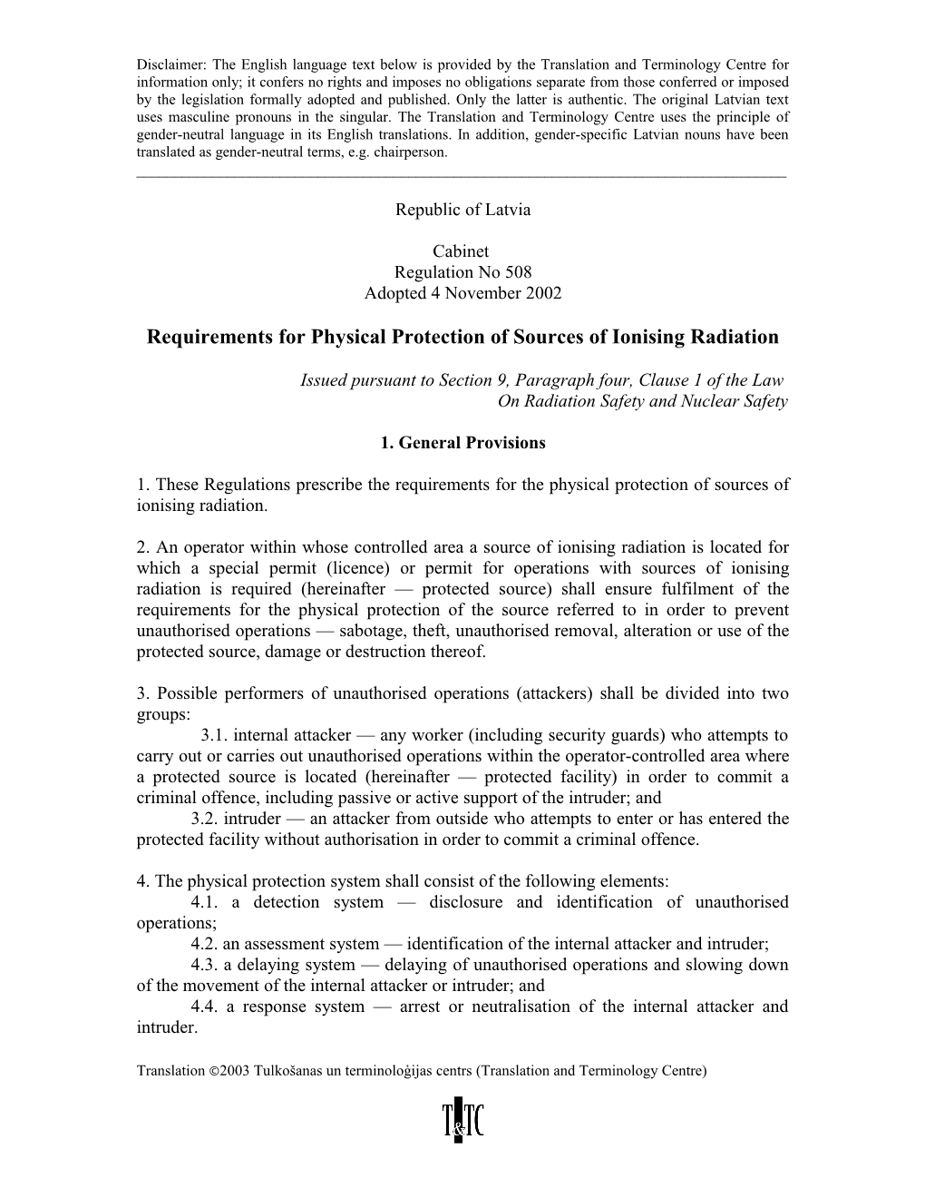 Requirements for Physical Protection of Sources of Ionising Radiation