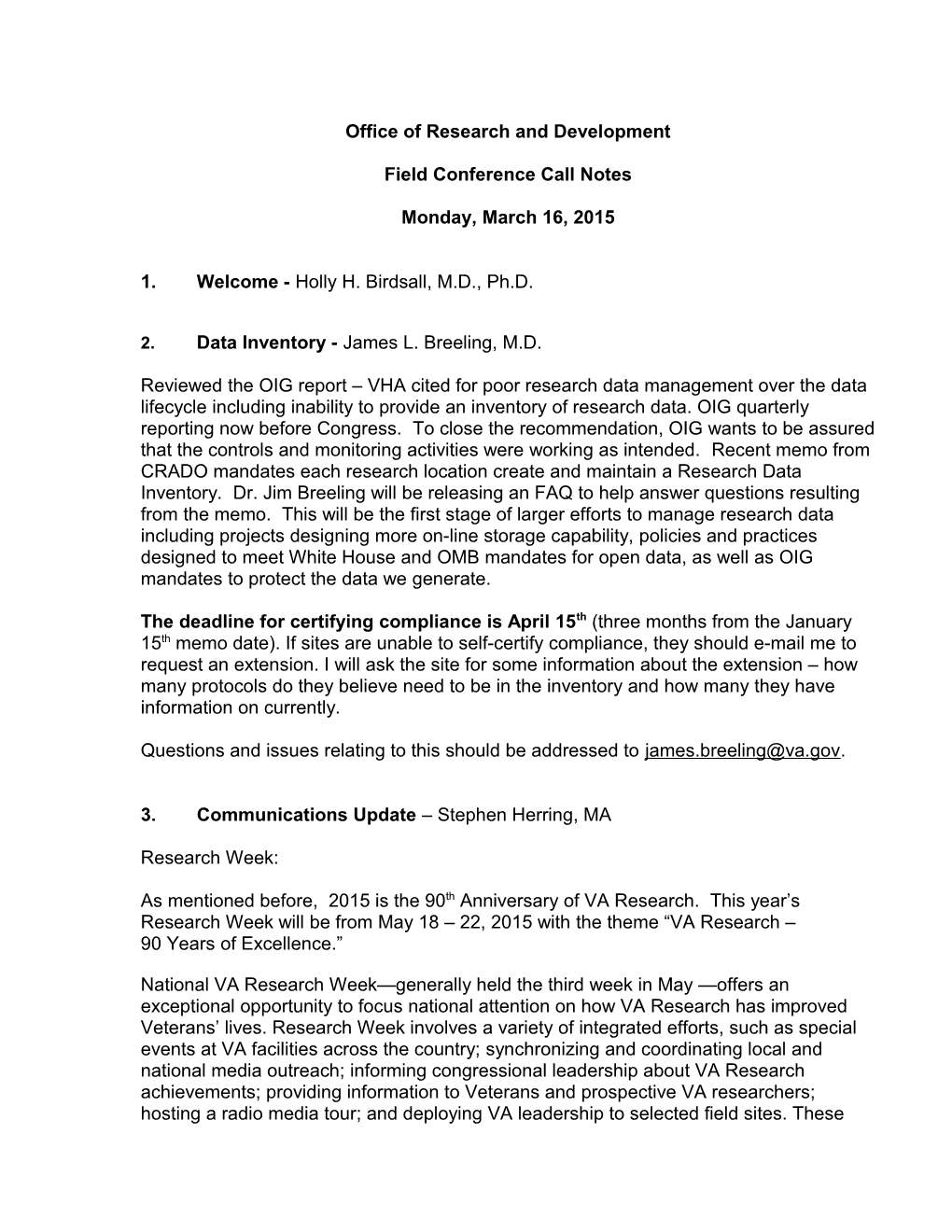 VA ORD Call Notes for March 16, 2015