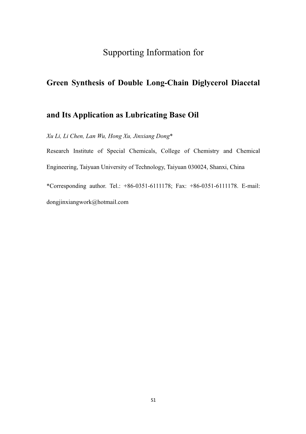 Green Synthesis of Double Long-Chain Diglycerol Diacetal and Its Application As Lubricating