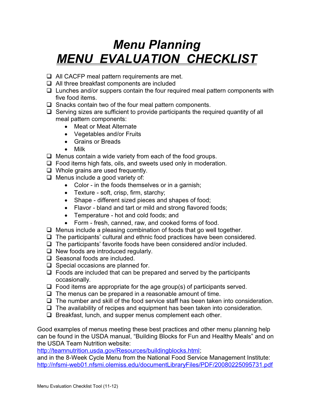 Menu Evaluation Checklist