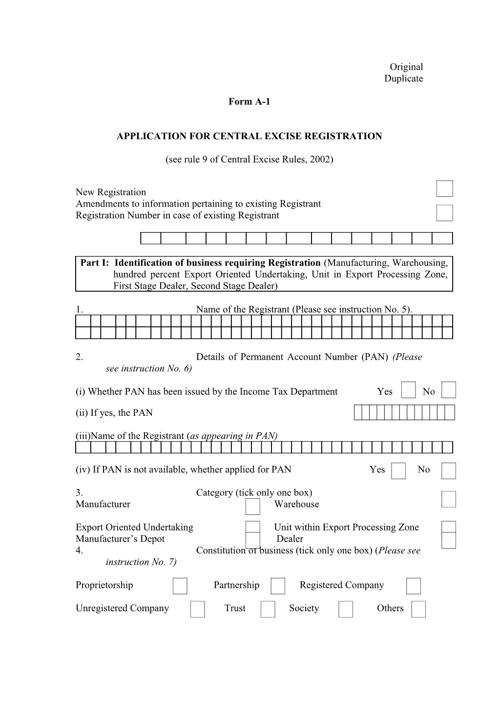 Registration Application for Central Excise Registration Amendment to Notification No