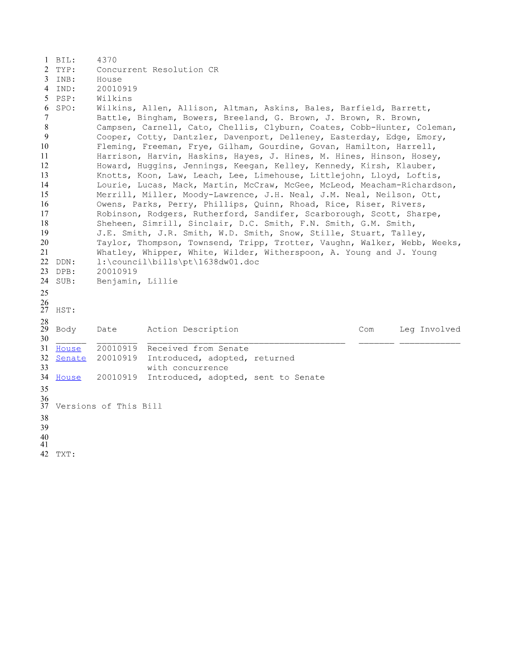 2001-2002 Bill 4370: Benjamin, Lillie - South Carolina Legislature Online