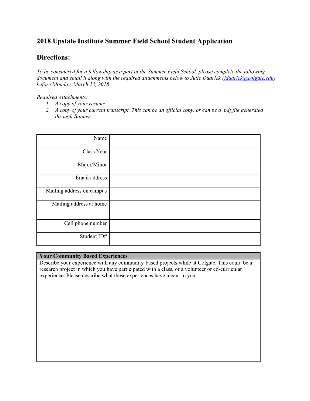 Application for Upstate Field School 2007