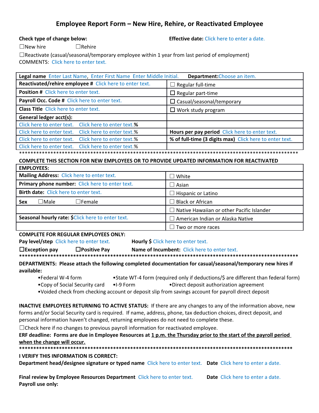 Employee Report Form New Hire, Rehire, Or Reactivated Employee