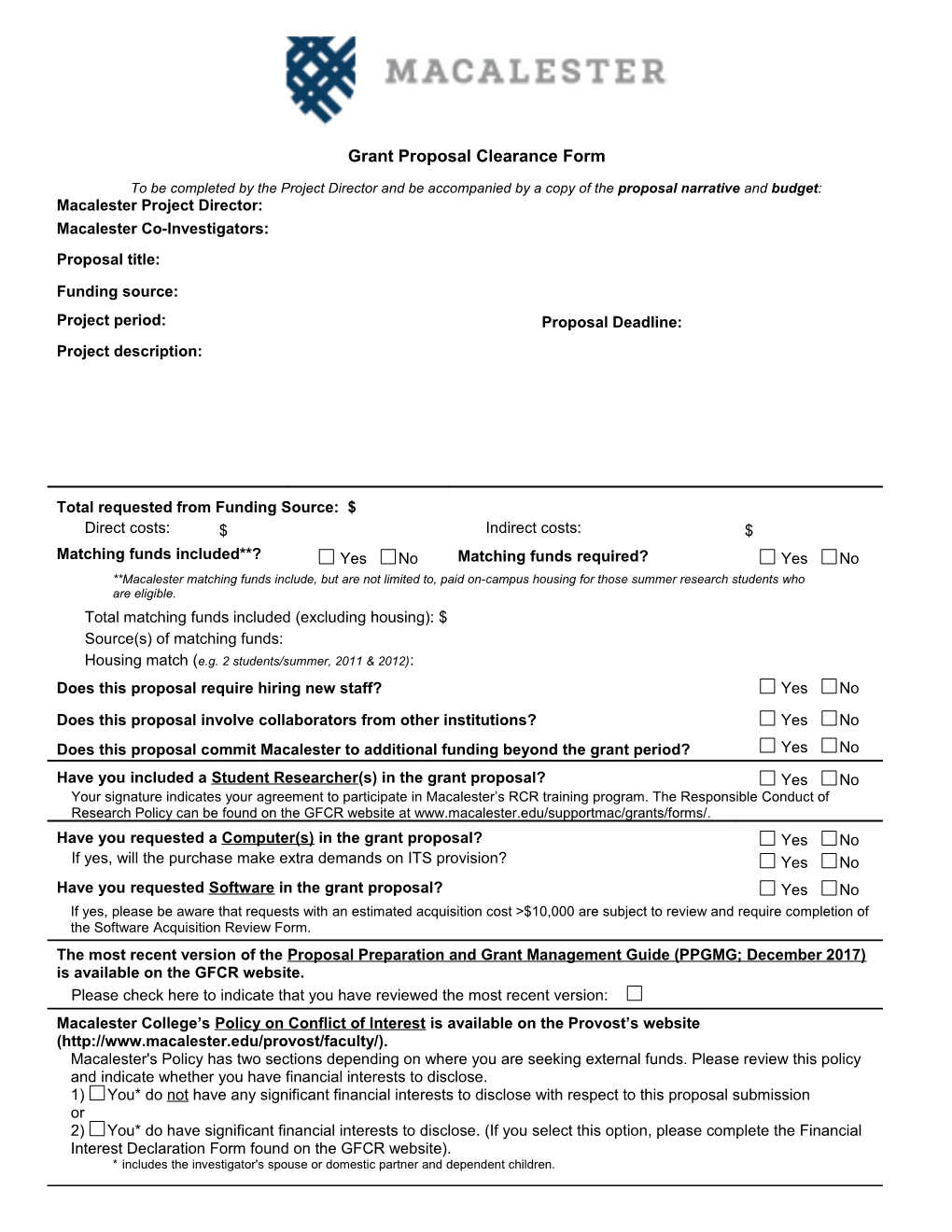 Grant Proposal Clearance Form