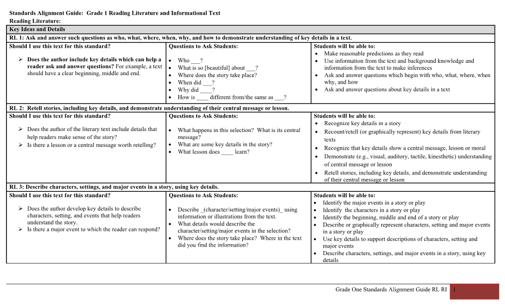 Standards Alignment Guide: Grade 1 Reading Literature and Informational Text