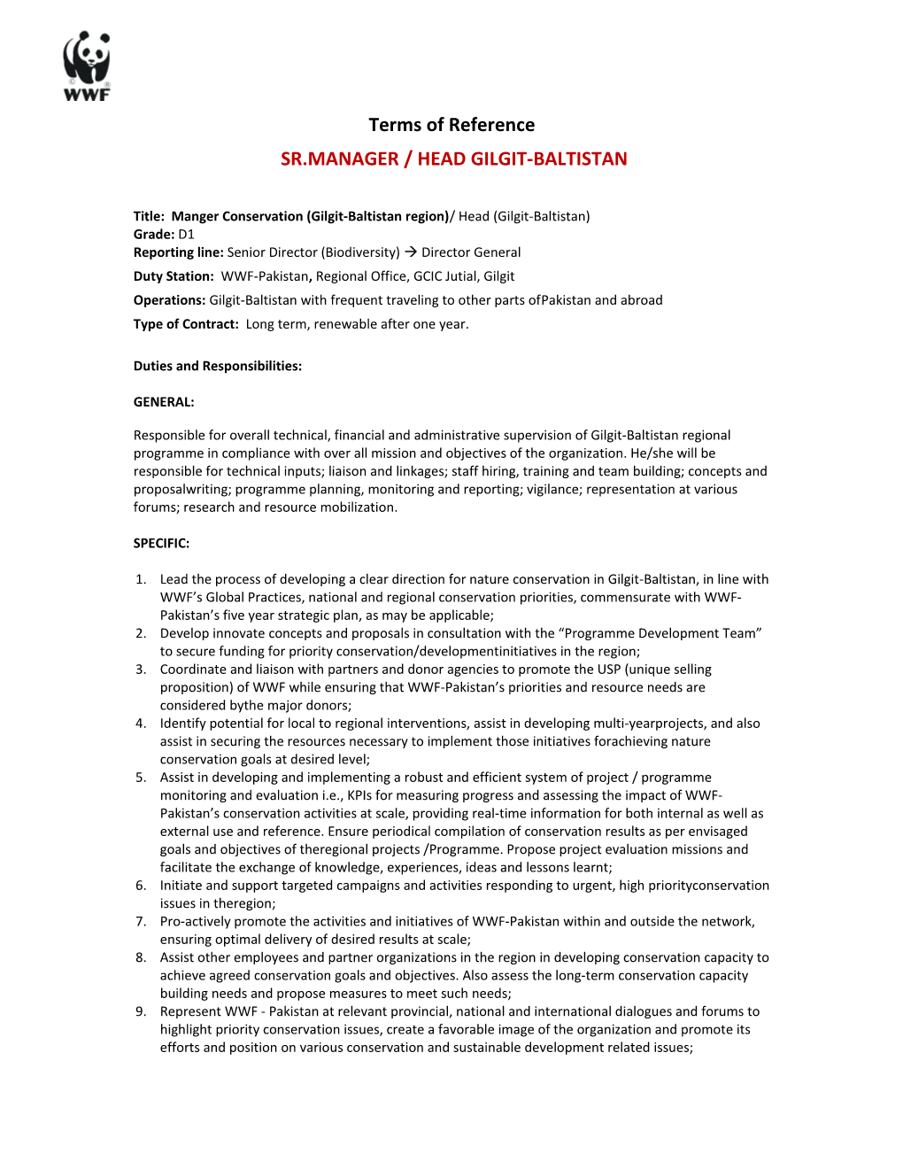 Sr.Manager / Head Gilgit-Baltistan