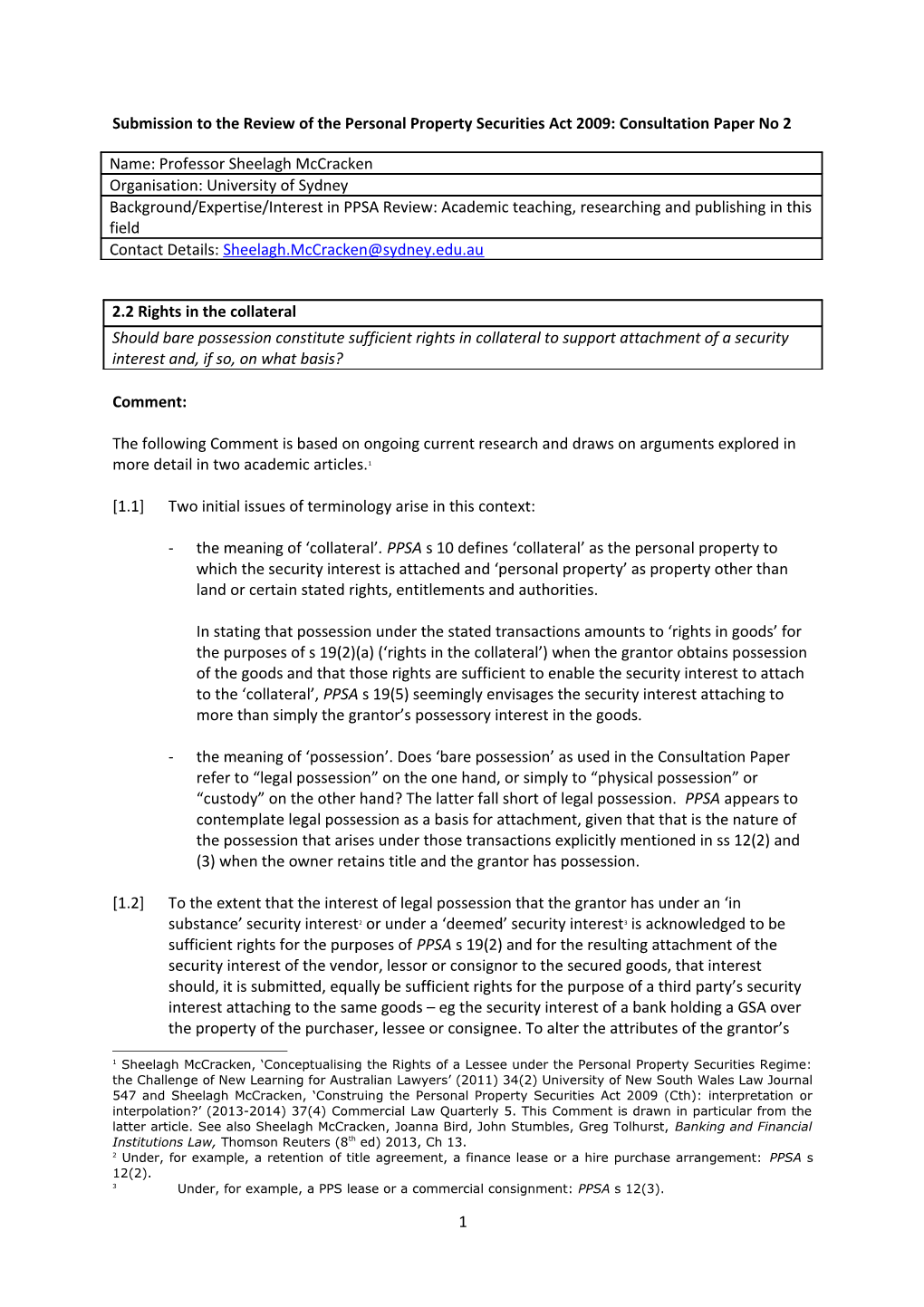 PPS Review Consultation - Paper 2 - Sheelagh Mccracken - University of Sydney - CP#2 Response