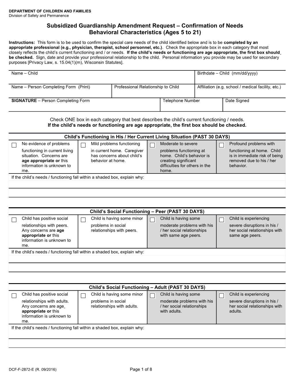 Adoption Assistance Amendment Request Confirmation of Needs