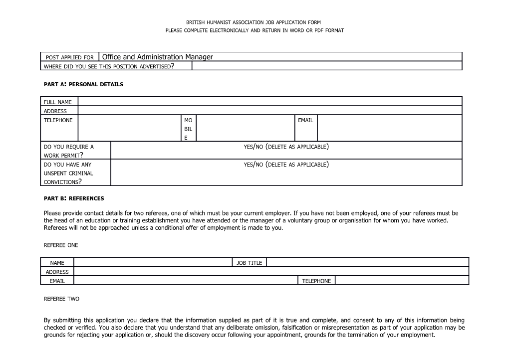 British Humanist Association Job Application Form