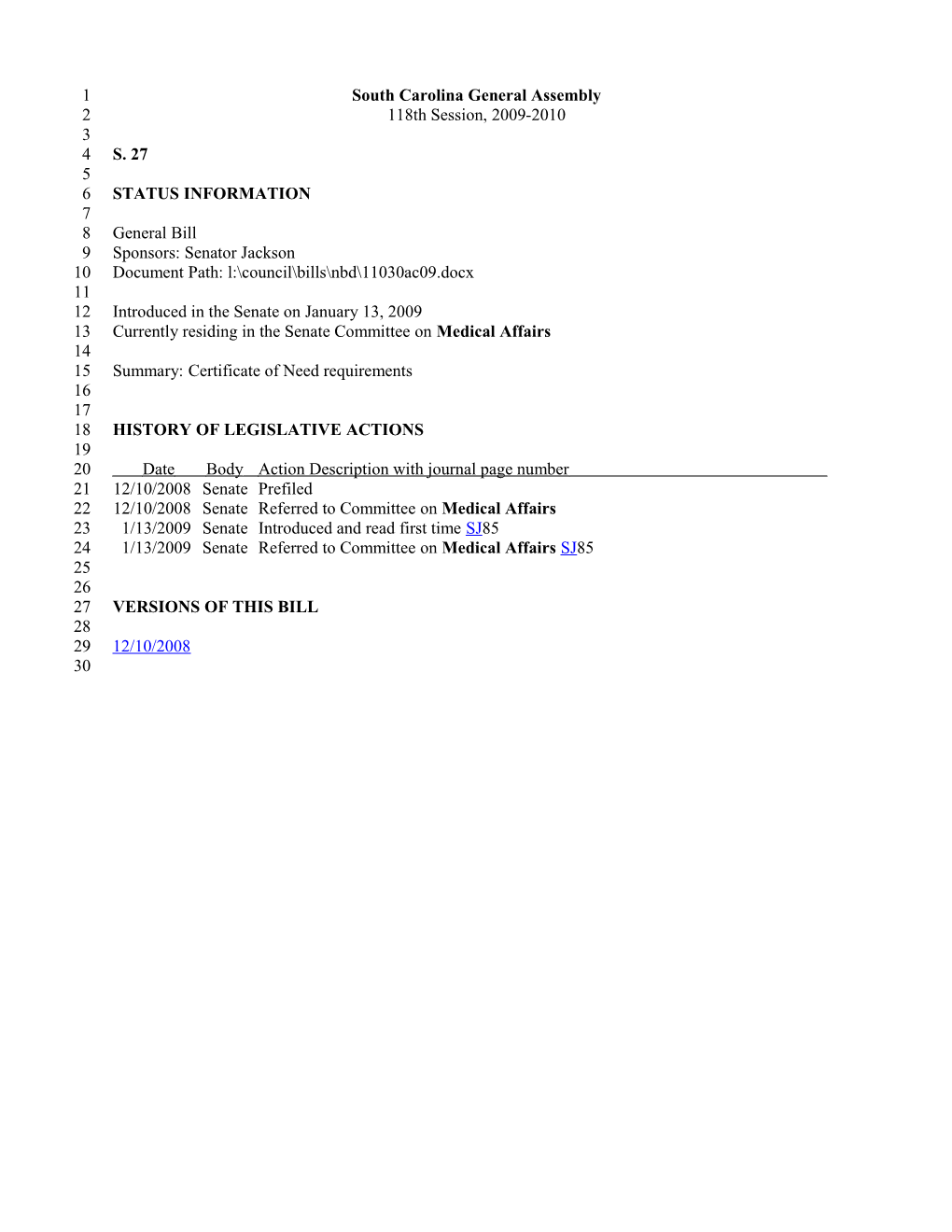 2009-2010 Bill 27: Certificate of Need Requirements - South Carolina Legislature Online