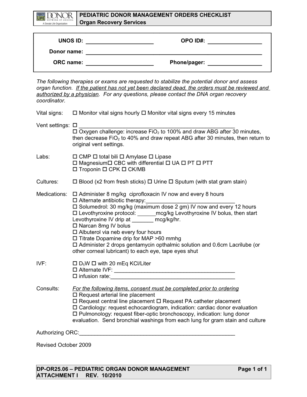 Pediatric Donor Management Orders Checklist