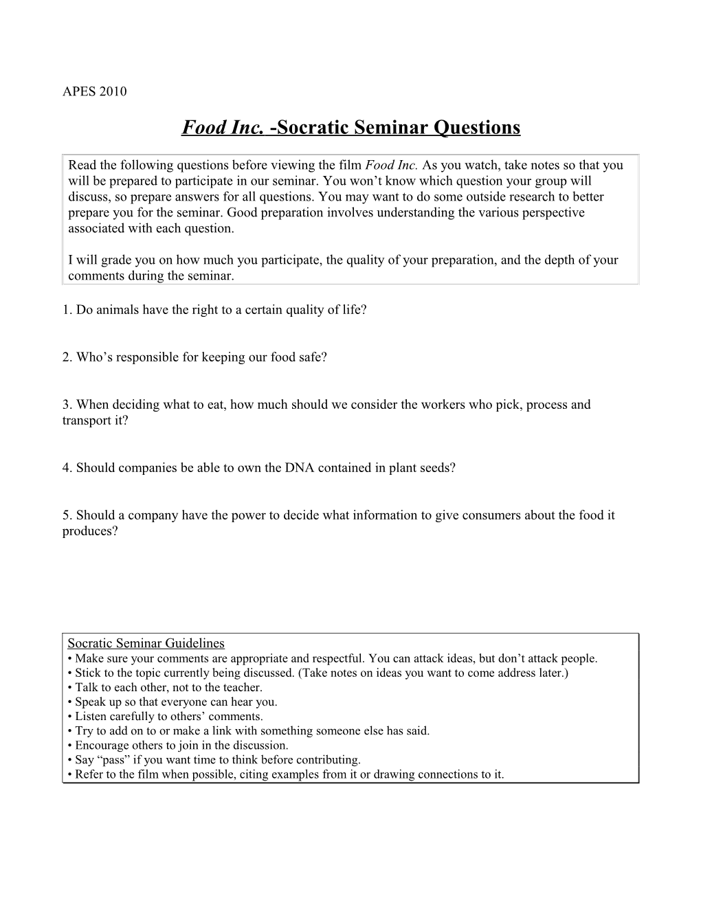 Food Inc. -Socratic Seminar Questions