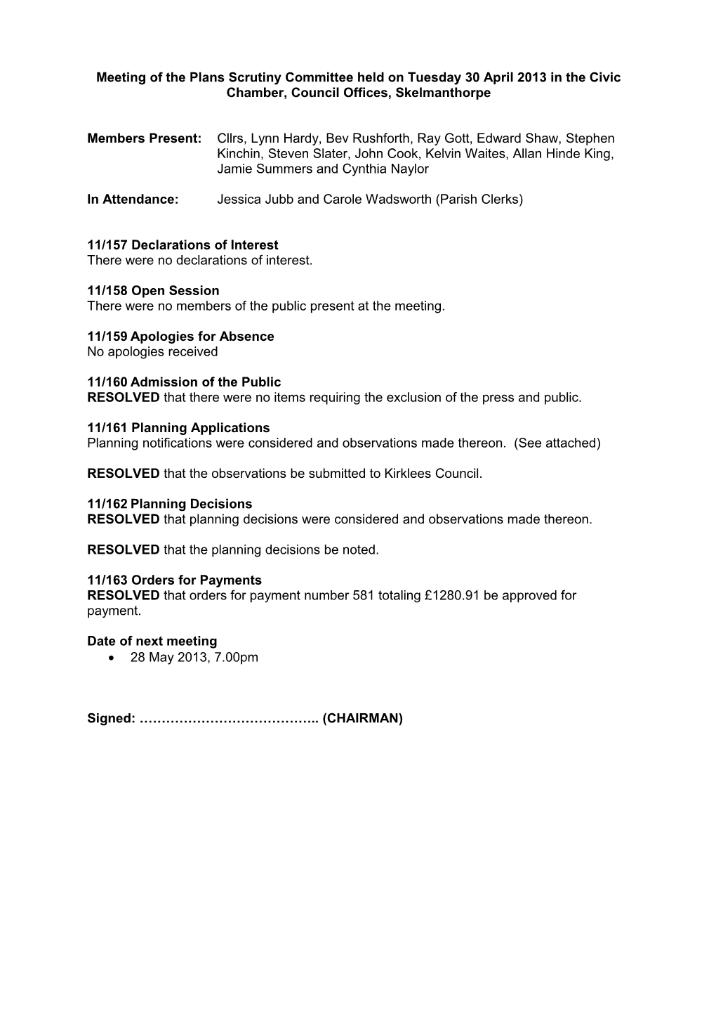 Plans Scrutiny Committee Comments from 30 April 2013