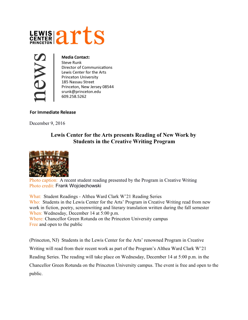 Lewis Center for the Arts Presents Reading of New Work By