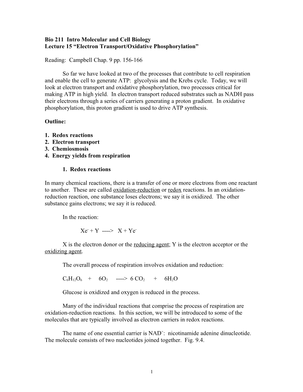 Bio 210 Cell Chemistry Lecture 10 Electron Transport/Oxidative Phosphorylation