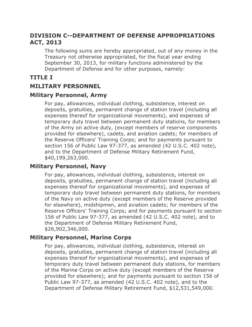 Division C Department of Defense Appropriations Act, 2013