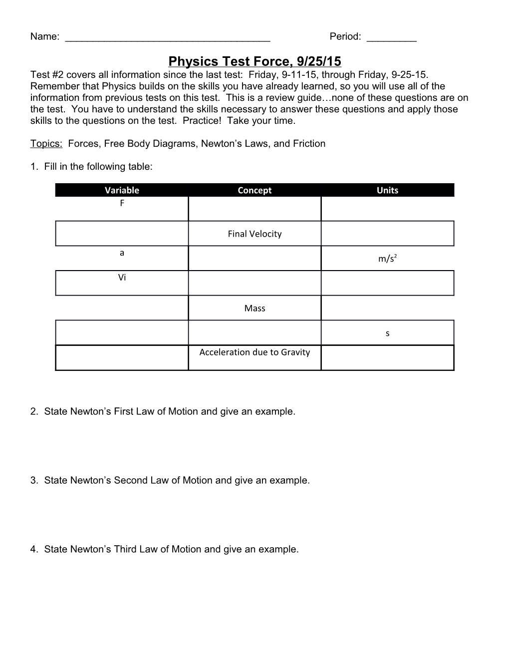 Physics Test Force, 9/25/15