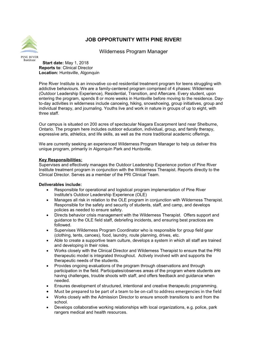 Job Opportunity with Pine River!