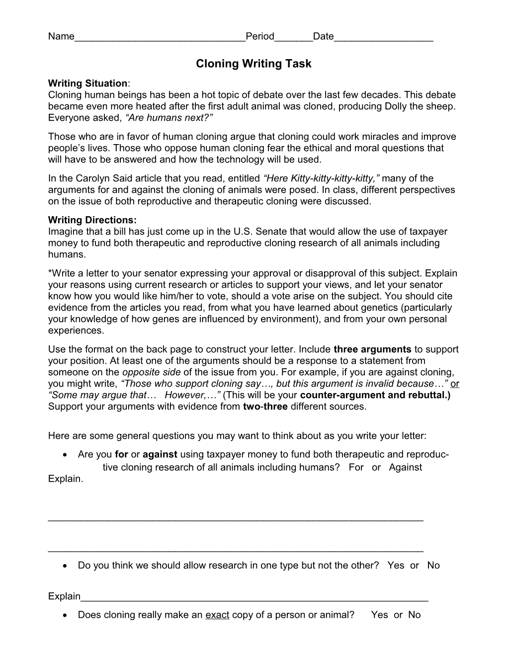 Cloning Writing Task