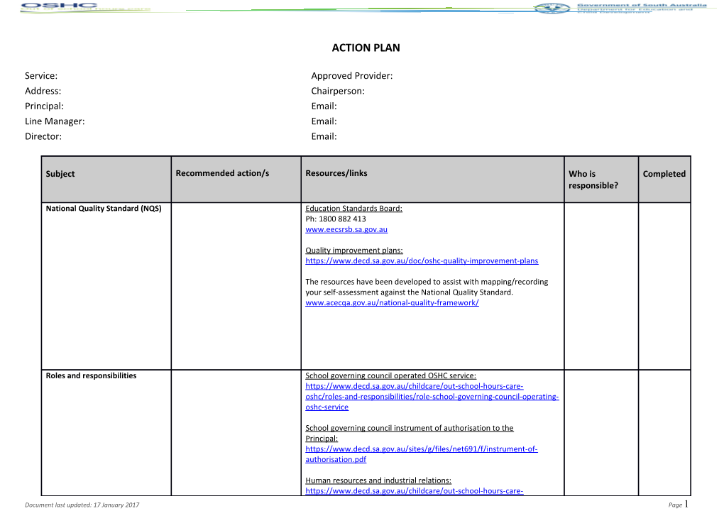 OSHC Action Plan