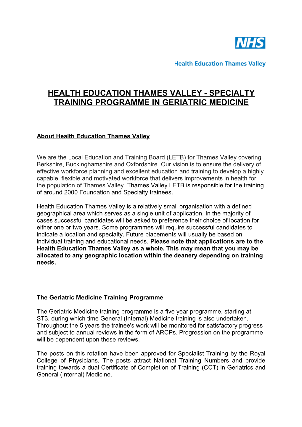 Health Education Thames Valley - Specialty Training Programme in Geriatric Medicine