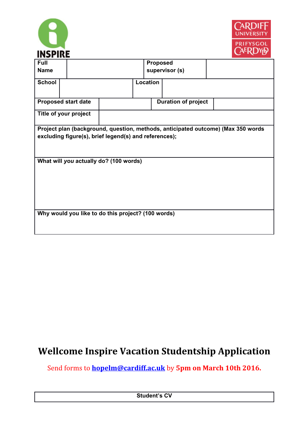 Wellcome Inspire Vacation Studentship Application