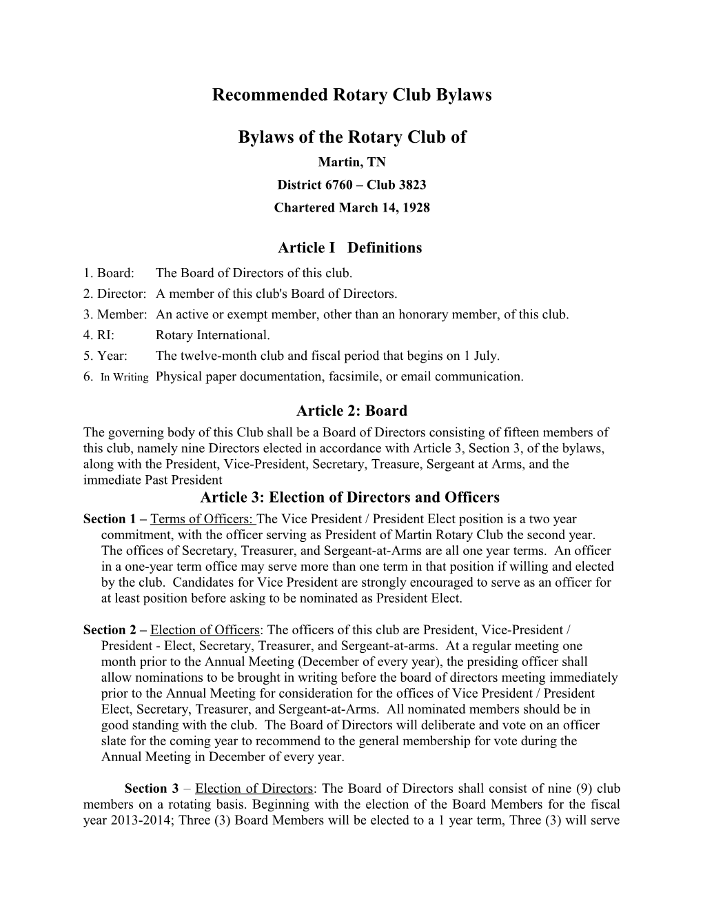 Recommended Rotary Club Bylaws