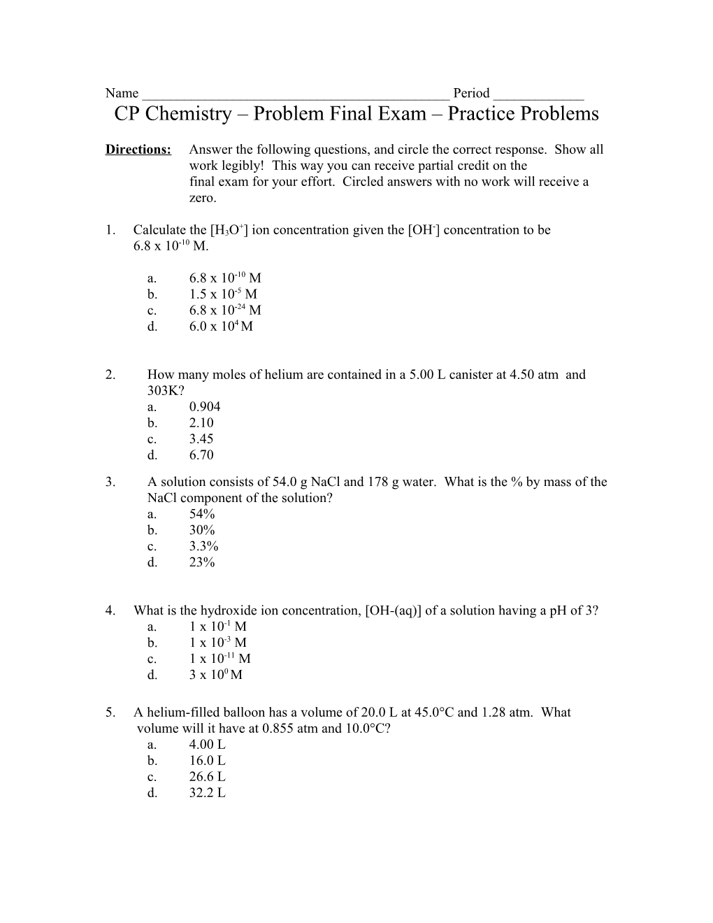 CP Chemistry Problem Final Exam Practice Problems