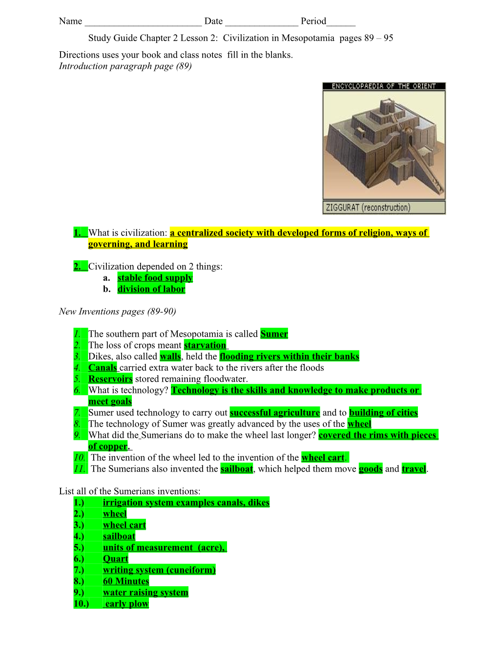 Study Guide - Chapter 2, Lesson 2: Civilization in Mesopotamia (Pages 89 95)