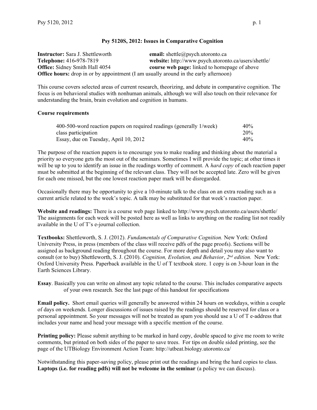 Psy 5120S, 2012: Issues in Comparative Cognition