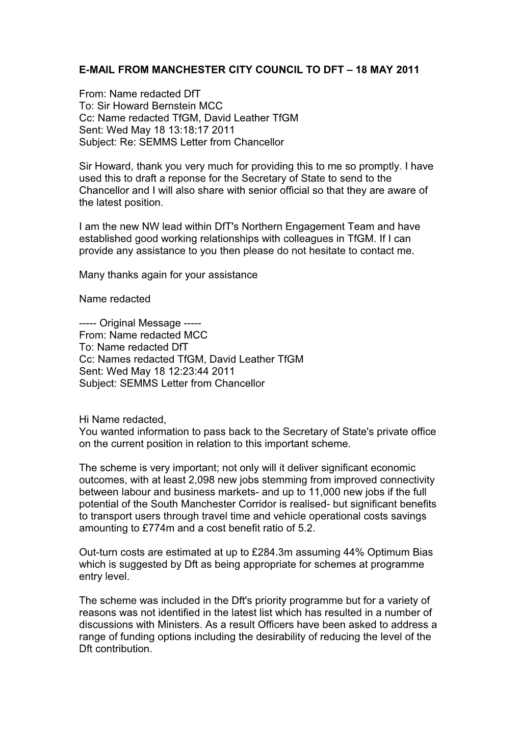 E-Mail from Manchester City Council to Dft 18 May 2011